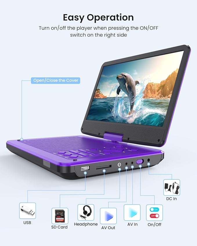 12.5-inch Portable DVD Player with 10.5-inch HD Screen, Portable Design for on-the-go Viewing.Supports 5 Hours of Battery Life.CD/DVD/SD Card/USB Compatible,Region Free (Purple)