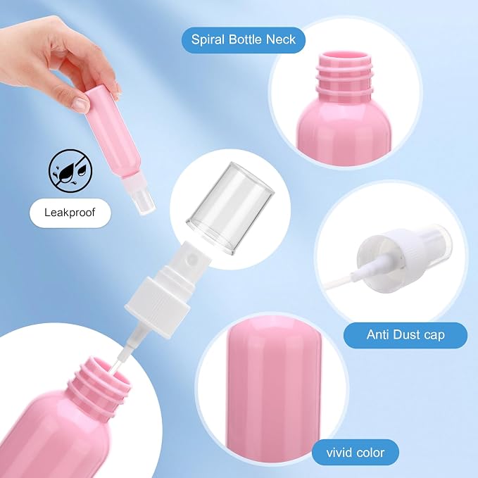 LemonRoad 100 Pack 2 oz Mini Spray Bottles Bulk Small Plastic Fine Mist Spray Bottles Pink Blue Asst Colors Leak Proof Mini Empty Refillable Travel Size Hair Colorful Sprayer Bottle for Cleaning