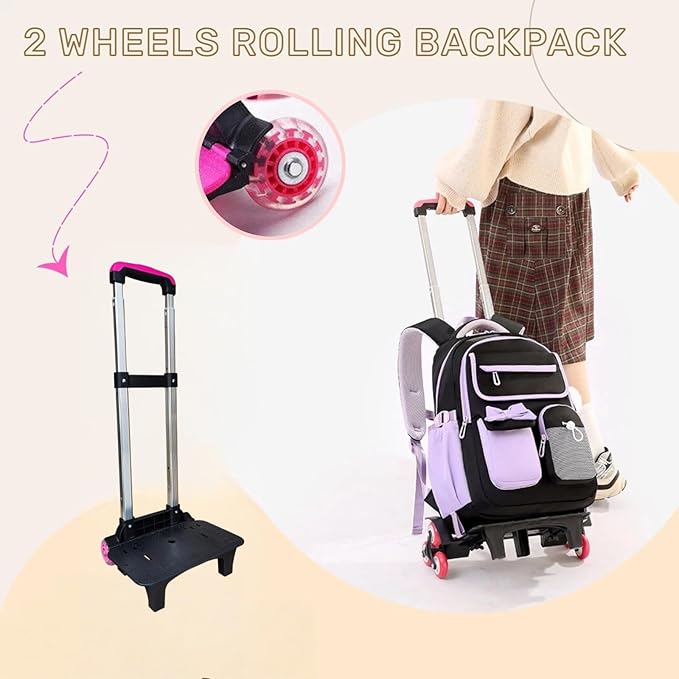 School Backpack with Wheels for Girls Wheeled Bookbags Kids Rolling Backpack for Girls Trolley School Bag, Black Purple 2 Wheels