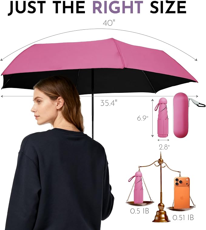 Travel Mini Umbrella Compact Small & Lightweight, UV Rain Protection, Pocket-Sized Folding Umbrellas with Quickdraw & Case for Men Women & Kids Backpack