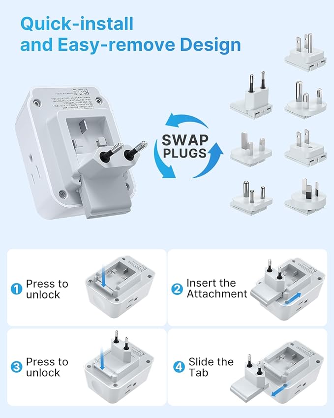 Universal Travel Adapter Kit for Apple Watch Charger, VINTAR International Power Adapter with 3 AC Outlets 4 USB Ports (2 USB C), Type A/B/C/D/G/I/M Detachable Plugs, US to Europe/UK/India/Africa
