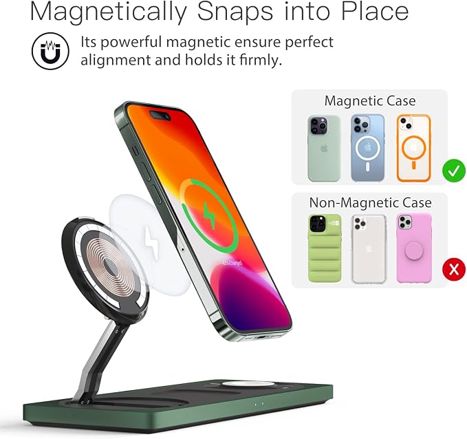 PETINO 3 in 1 Wireless Charging Station for Apple Devices with MagSafe | For iPhone 17/Air/16/15/14/13/12, AirPods & Apple Watch, Foldable Portable Aluminum Charging Stand, Adapter Included