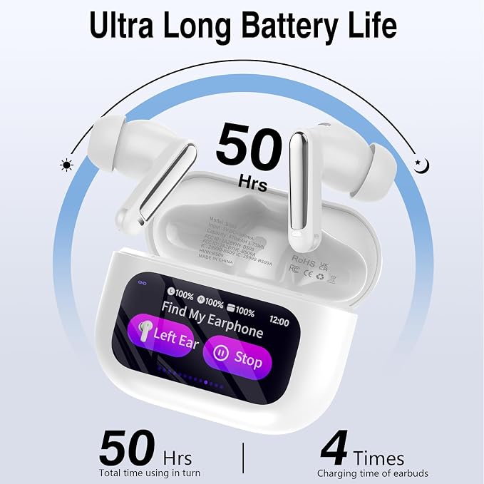 Thunelec Wireless Earbuds with Touch Screen, 2026 New Bluetooth 5.4 Headphones with ANC/ENC Mic, 50H HiFi Stereo Ear Buds with 5 EQ Modes, Transparency Mode, IPX7 Earphones for Running/Fitness, White