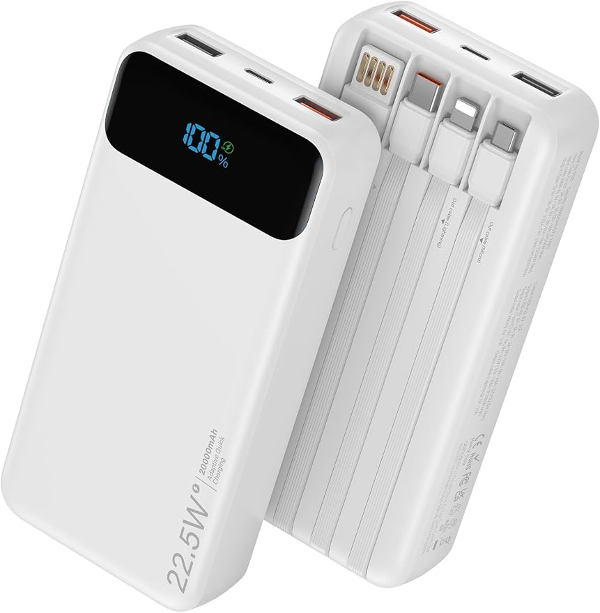 Nusyddy Portable Charger 20000mAh 22.5W w/4 Built-in Cables/6 Outputs White | High capacity, Fast Charge, LED Display, Pass Through Charging, Charge 6 Devices at once, TSA Approved, Fits iPhone, Samsung