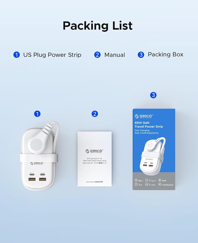 ORICO Travel Power Strip, 65W GaN Charging Station with 3 Outlets & 4 USB Ports (2 USB C), 4FT Flat Plug Extension Cord with Wraparound Design, Compact USB C Charger for Cruise Home Office Dorm Laptop