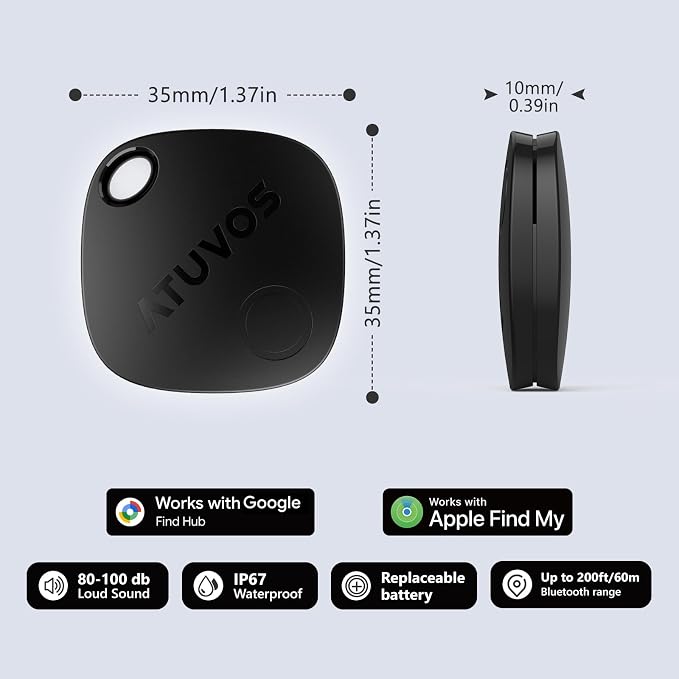 ATUVOS Dual System Air Tracker Tag Pro 4 Pack, Smart Key Finder Works with Android Google Find Hub or iOS Apple Find My APP (Huawei not Supported), Bluetooth Item Locator for Luggage, Suitcase, Wallet