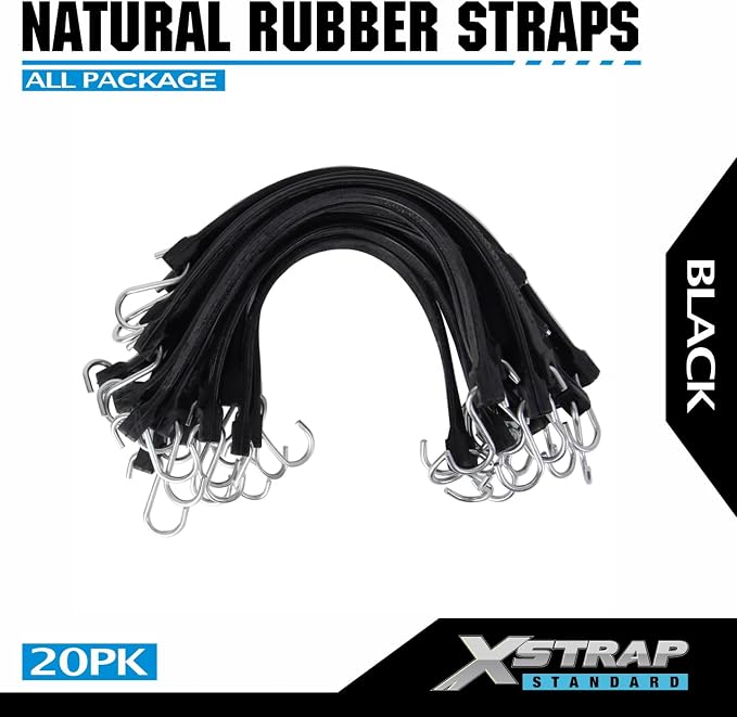 XSTRAP STANDARD 20 Pack 15'' Adjustable Rubber Tarp Straps, EPDM Bungee Cords with Metal S Hooks Tie Down Straps for Outdoor, Tarp Covers, Canvas Canopies, Motorcycle, and Cargo
