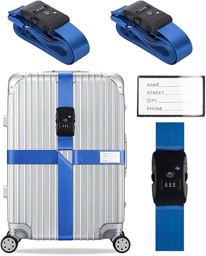 Veki Cross Luggage Straps Set TSA Approved with Lock Adjustable Travel Suitcase Belts Suitcase Tags with Name ID Card Packing Straps for Suitcases Strap Travel Accessories (Blue*2pcs)