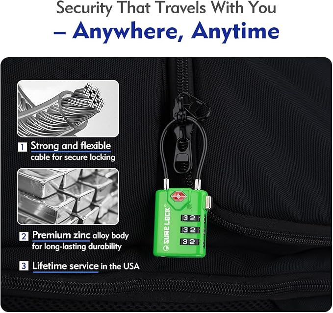 SURE LOCK TSA Approved Luggage Locks with Open Alert Indicator, 3 Digit Combination Cable Travel Lock for Suitcase, Backpack, Gym Locker, Toolbox & Travel Bag（Green 4 Pack）