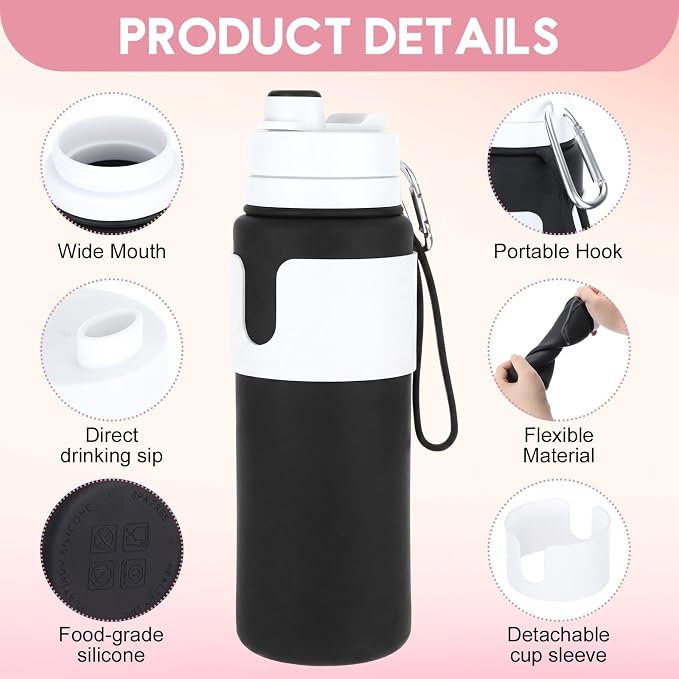 LemonRoad 2 Pcs 26 oz Silicone Collapsible Water Bottle, Portable Foldable Water Bottle Leakproof with Carabiner Reuseable Lightweight for Travel Sports Hiking Camping Cycling Office (Black,Pink)