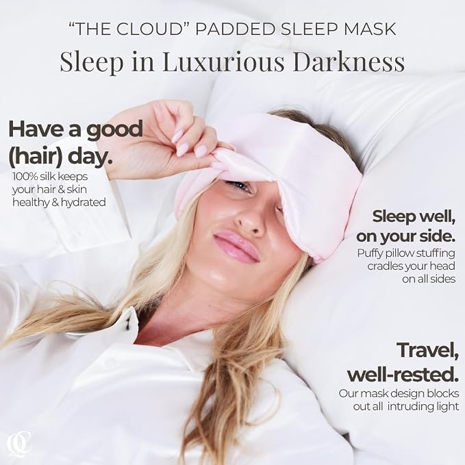 QUIET COVE Plush Luxury Silk Sleep Mask - Sleep Comfortably on Your Side - 22 Momme Mulberry Silk, Total Blackout, Luxe Cloud Filling Soothes Your Eyelids - Luxury Gift (Prosecco Pink)