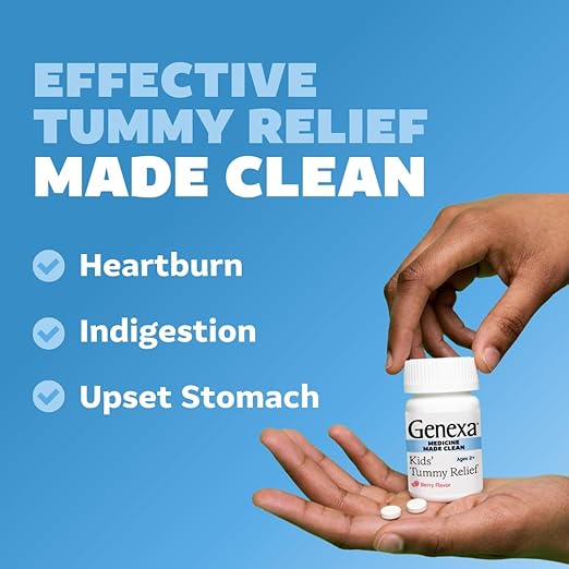 Genexa Kids' Clean Tummy Relief | Heartburn, Acid Indigestion & Sour Stomach Relief | Children's Calcium Carbonate | Dye Free, 0% Artificial Additives | Ages 2-11, Berry Flavor Chewable Tablets, 30ct