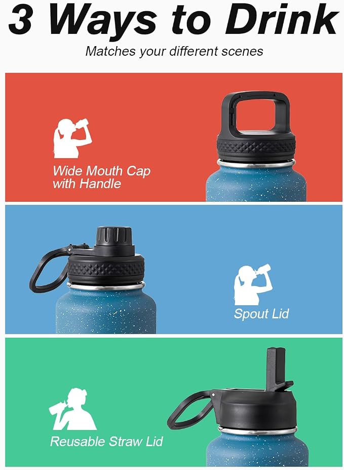 Coolflask Water Bottle 40 oz Insulated with Straw, Stainless Steel Metal 3 Lids Water Flask for Sports or Office, Keep Cold 48H Hot 24H, Turquoise