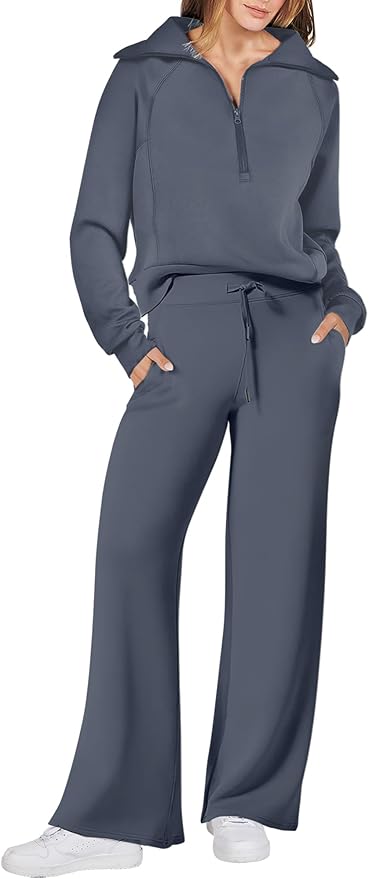 ANRABESS Women’s 2 Piece Outfits Half Zip Sweatshirt & Wide Leg Pants Airport Travel Lounge Matching Sets Sweatsuits Clothing