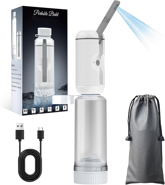 Portable Bidet for Travel, Rechargeable Travel Bidet Sprayer Fits Various Sizes of Water Bottles, Waterproof High Pressure Handheld Bidet for Women Men Personal Hygiene, White
