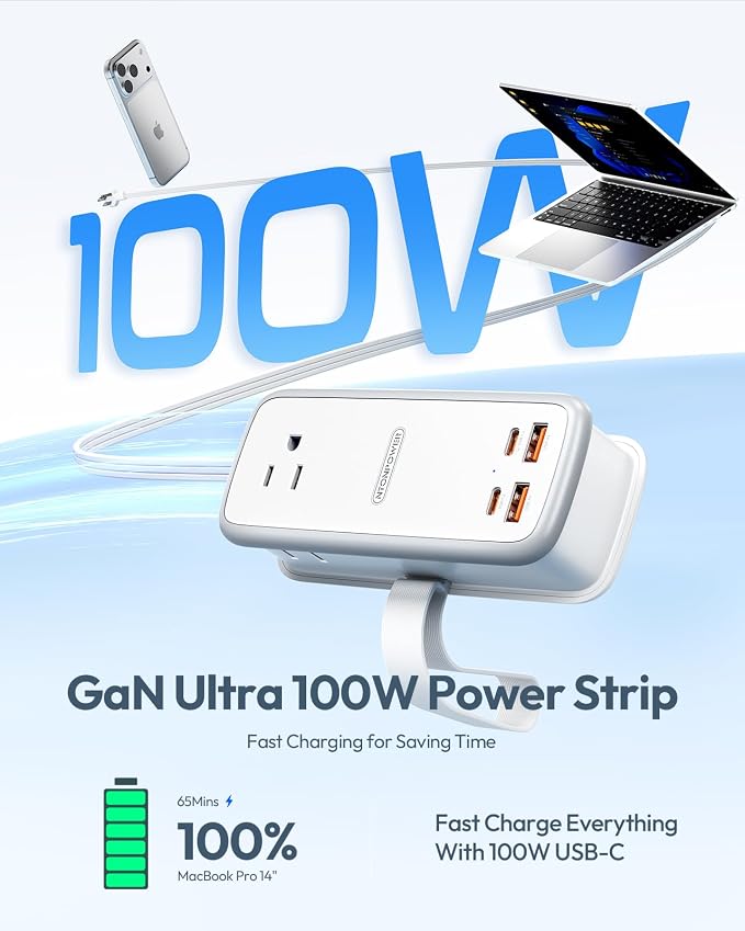 NTONPOWER 100W GAN Ultra Travel Power Strip, 7-in-1 USB C Charging Station with 3 Outlets 4 USB (2 Fast Charge)& 5ft Extension Cord, Compact Desktop Charger for MacBook, iPhone, Cruise, Office, White