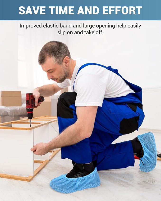 Buself X-Large 100 Count Shoe Covers Disposable Non-Slip, Premium Cloth Boot Covers, Slip-resistant, Durable, Breathable, Non-toxic, Recyclable, Stretchable Fits Up to Size 13 US Men - Blue