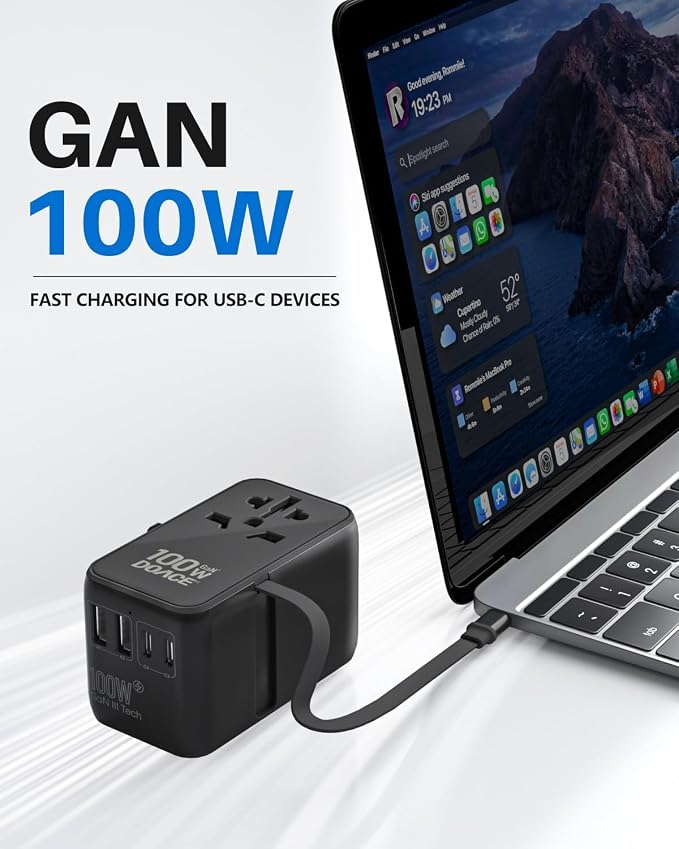 DOACE 100W GaN Universal Travel Adapter, 6-in-1 International Power Adapter, European Travel Plug with Built-in USB-C Cable, Fast Charging, Worldwide for EU UK US AUS, Travel Essentials (Black)