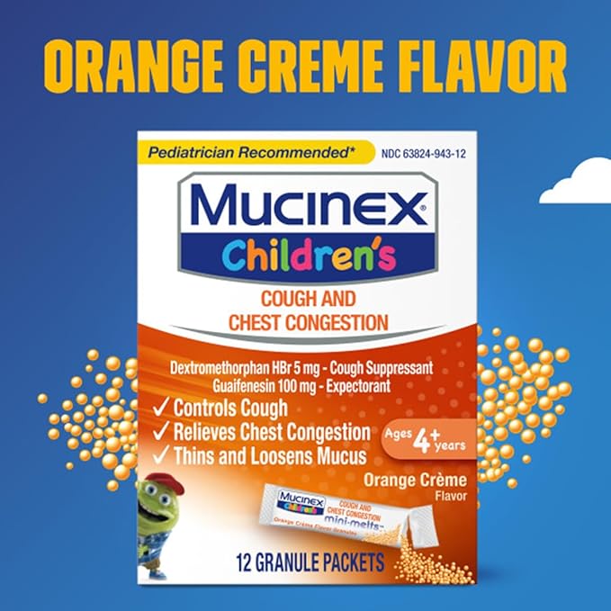 Mucinex Children's Chest Congestion Expectorant and Cough Suppressant Mini-Melts, Orange Cream, 12 Count (Packaging May Vary)