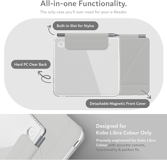 TUDIA M-FLIP Detachable Clear Magnetic Case for Kobo Libra Colour (2024) - [Auto Wake/Sleep] Shockproof Slim Transparent Back Magnetic Fold Cover with Stylus Holder (Grey)