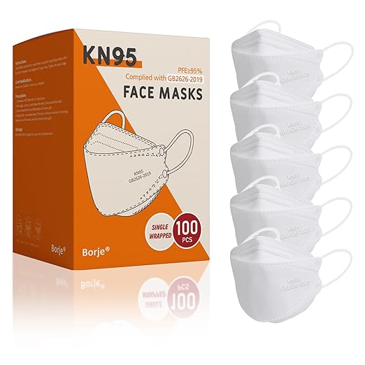 Borje KN95 Face Masks, 100 Pcs Disposable Face Masks, White Mask Against PM2.5 from Fire Smoke & Dust Filter Efficiency 95%
