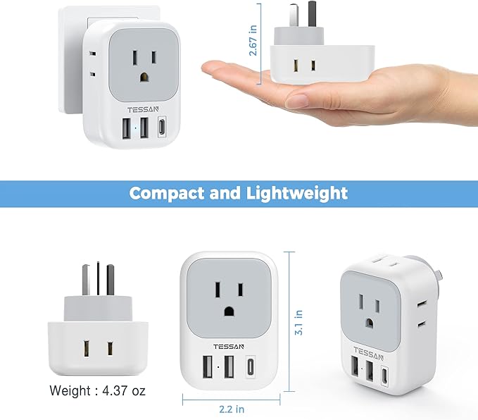 TESSAN Australia Plug Adapter, New Zealand Power Adapter with 4 Outlets 3 USB Charging Ports (1 USB C PD 20W), Type I Travel Plug for US to New Zealand China Argentina Fiji AU, 2 Pack