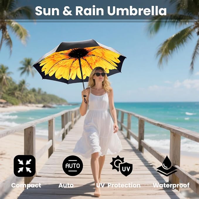 SIEPASA Compact Travel Umbrella - Windproof Auto Open/Close, Small Folding Umbrella for Rain & Sun with UPF50+ - Lightweight Frame, Waterproof - Fits Backpack, Purse, Suitcase.(Sunflower