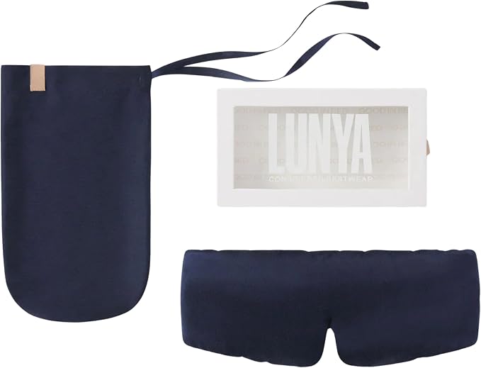 Lunya Weighted Silk Sleep Mask – Mulberry Silk Eye Cover with Cooling Glass Beads, Noise-Reducing Fit, Washable Fabric, and Travel Pouch – Sleeping Mask for Men and Women - Deep Blue - Small