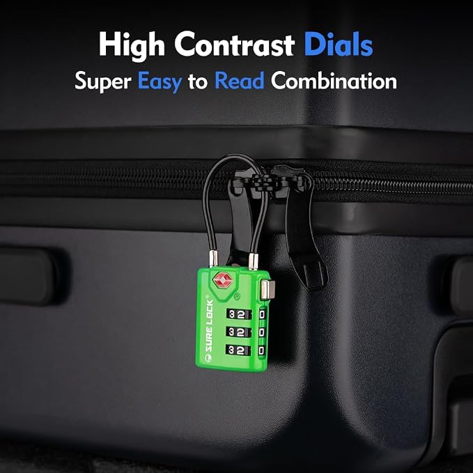 SURE LOCK TSA Approved Luggage Locks with Open Alert Indicator, 3 Digit Combination Cable Travel Lock for Suitcase, Backpack, Gym Locker, Toolbox & Travel Bag（Green 2 Pack