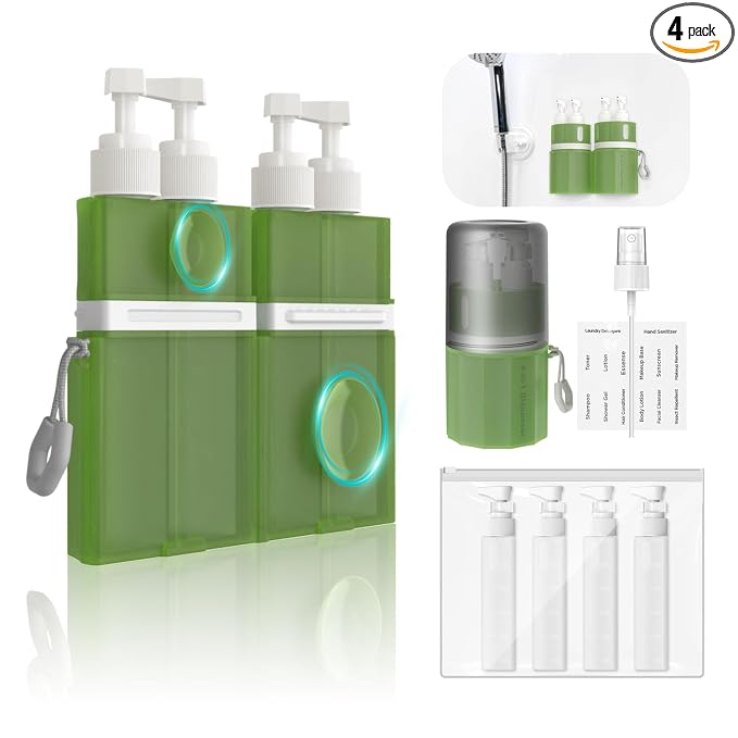 YOTIME 4 in 1 Travel Dispenser Bottle, Vacuum Silicone Suction Cup for Smooth Walls, TSA Approved Leak Proof Travel Size Containers for Hotel, Swimming, Gym, Camping, Green