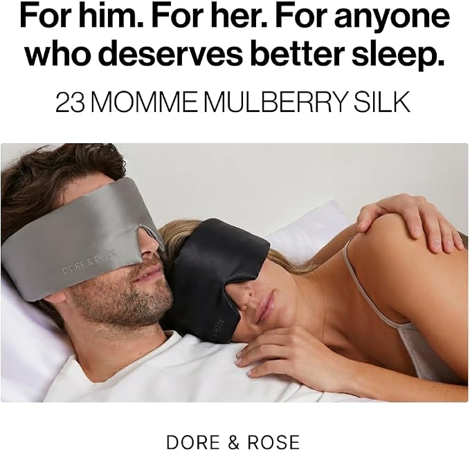 Dore & Rose Deep Sleep Mask for Women and Men - 23 Momme Mulberry Silk Eye Mask for Sleeping and Travel, 100% Blackout, Adjustable Strap, Cooling Soft Black Silk Eyemask Award-Winning Luxury