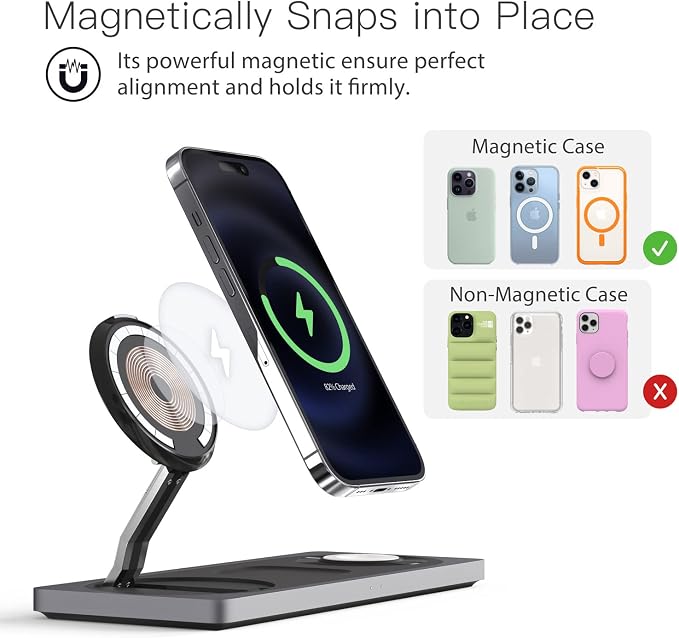 PETINO 3 in 1 Wireless Charging Station for Apple Devices with MagSafe | For iPhone 17/Air/16/15/14/13/12, AirPods & Apple Watch, Foldable Portable Aluminum Charging Stand, Adapter Included