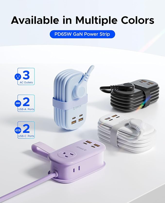 ORICO Travel Power Strip, 65W GaN Charging Station with 3 Outlets & 4 USB Ports (2 USB C), 4FT Flat Plug Extension Cord with Wraparound Design, Compact USB C Charger for Cruise Home Office Dorm Laptop