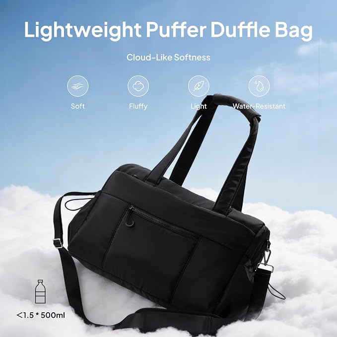 TOPEAST Weekender Bag for Women, Lightweight Puffer Travel Duffle Carry On Bag with Wet Pocket & 40oz Tumbler Pocket, Airline Approved Personal Item Overnight Bag, Black, Large