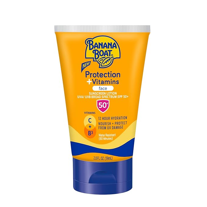 Banana Boat Protection + Vitamins Face Sunscreen Lotion SPF 50 | Travel Size Sunscreen for Face, Moisturizing with Vitamin C & Vitamin B3 Niacinamide, SPF 50 Sunblock Lotion, Fragrance Free, 2Fl Oz