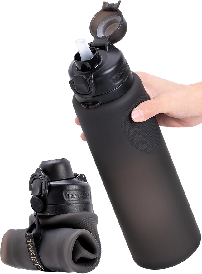 TakeToday Newly Upgraded Collapsible Water Bottles 32oz and 20oz, Foldable Platinum Silicone Travel Water Bottle with Straw & Carry Strap, Leak-Resistant Screw Lid, Wide Mouth, BPA-Free for Hiking, Ca