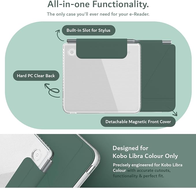 TUDIA M-FLIP Detachable Clear Magnetic Case for Kobo Libra Colour (2024) - [Auto Wake/Sleep] Shockproof Slim Transparent Back Magnetic Fold Cover with Stylus Holder (Dark Green)