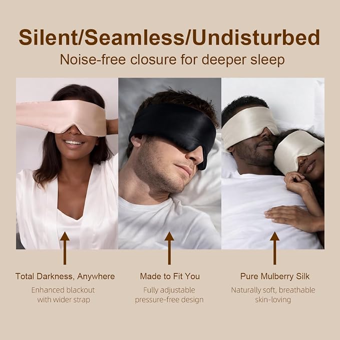 100% Pure Mulberry Silk Sleep Mask – Luxury Ultra Soft Light Blocking Eye Mask with Face-Hugging Fit & Adjustable Strap for Deep Sleep, Travel & Relaxation (Dusty Gold)