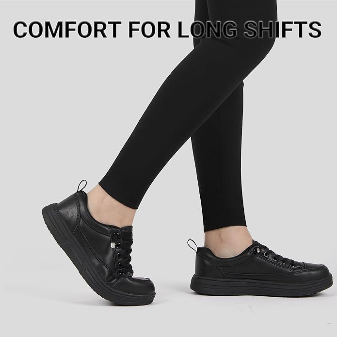 Treesky Black Slip On Non Slip Work Shoes for Women, Faux Leather Sneakers | Slip resistant soles, water resistant faux leather, wipe clean, EVA cushioning, no-tie slip-on, for kitchen & food service