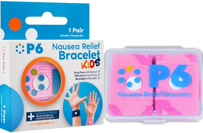 P6 Motion Sickness Bands for Kids Children’s Wristbands for Anti Nausea Sea Cruise Travel Car Sickness All-Natural Non Drowsy Relief (1 Pack, Pink)