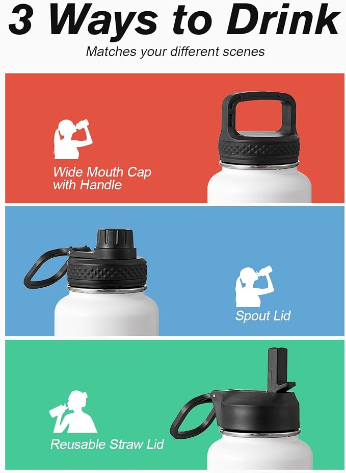 Coolflask Water Bottle 40 oz Insulated with Straw, Stainless Steel Metal 3 Lids Water Flask for Sports or Office, Keep Cold 48H Hot 24H, White & Black