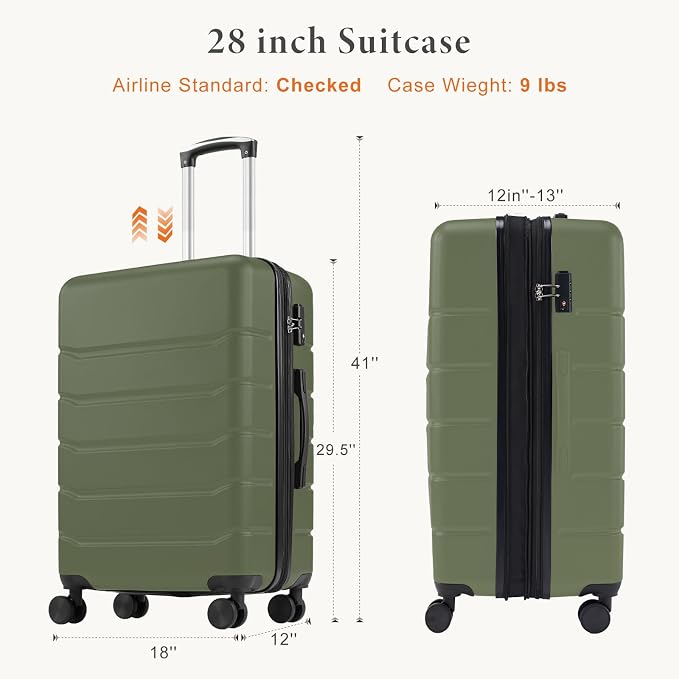NEWBULIG 28 Inch Checked Luggage, ABS Hard Shell Lightweight Rolling Expandable Suitcase with Smooth Spinner Wheels and TSA Lock for Business Trips and Daily Vacations, Green