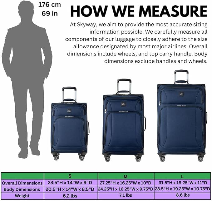 Skyway Epic Softside Medium Checked Luggage - Lightweight Suitcase with Wheels | TSA Approved Travel Bag | Spinner Suitcase | Large Luggage Set with Telescoping Handle, 24 inch, Surf Blue