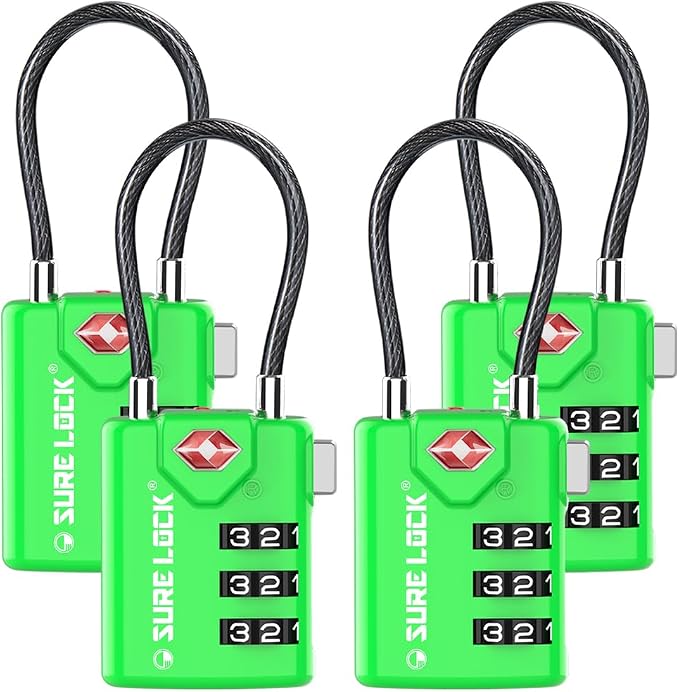 SURE LOCK TSA Approved Luggage Locks with Open Alert Indicator, 3 Digit Combination Cable Travel Lock for Suitcase, Backpack, Gym Locker, Toolbox & Travel Bag（Green 4 Pack）