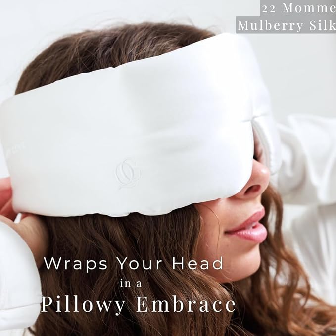 QUIET COVE Plush Luxury Silk Sleep Mask - Sleep Comfortably on Your Side - 22 Momme Mulberry Silk, Total Blackout, Luxe Cloud Filling Soothes Your Eyelids - Luxury Gift (Pearl White)