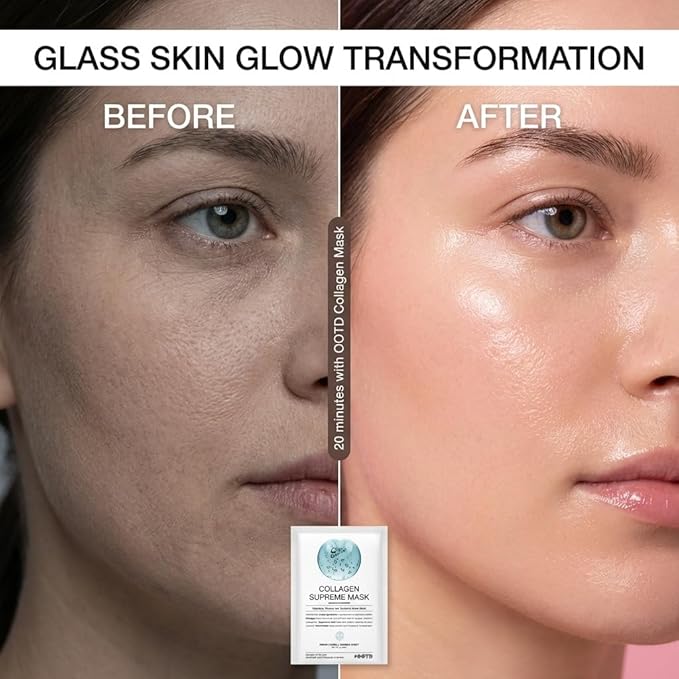 #OOTD Collagen Hydrating Sheet Masks for Face Korean Anti Aging Mask Sheet for Dry Skin & Sensitive Skin, EVE Vegan, Not Tested on Animals, No Parabens, No Sulfates, Hyaluronic Acid, Witch Hazel 10EA