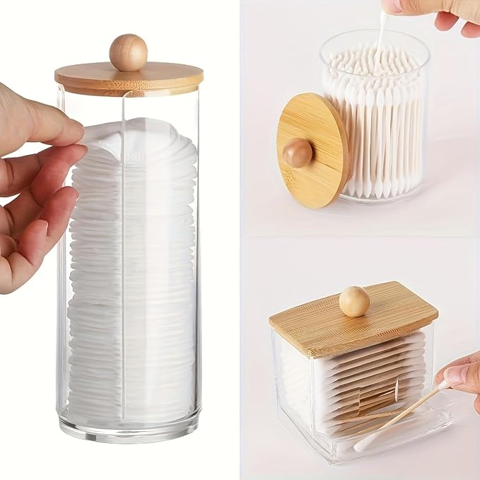 Soko 3 PC set Qtip Holder with Bamboo Lids | Clear Cotton Swab Storage Dispenser Jar | Makeup Vanity Countertop Cosmetic Organizer | Bathroom Canister Accessories for Ball, Round Pads, Floss, Earbud
