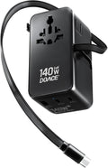 DOACE Universal Travel Adapter, 140W GaN 3.0 European Travel Plug Adapter with Built-in USB-C Cable, 6 in 1 USB-C PD Fast Charging Universal Adapter for Worldwide Travel-EU/UK/USA/AUS
