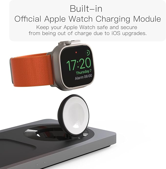 PETINO 3 in 1 Wireless Charging Station for Apple Devices with MagSafe | For iPhone 17/Air/16/15/14/13/12, AirPods & Apple Watch, Foldable Portable Aluminum Charging Stand, Adapter Included