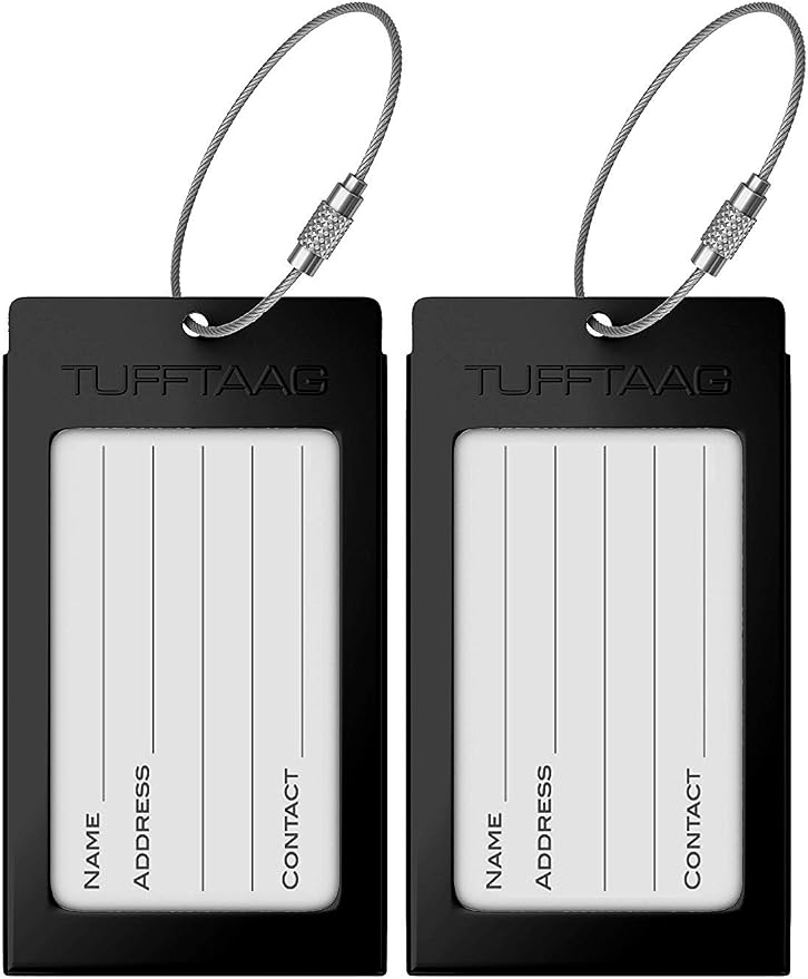 Luggage Tags Business Card Holder by TUFFTAAG - Durable Travel ID Bag Tag, Black Steel, 2 Tags
